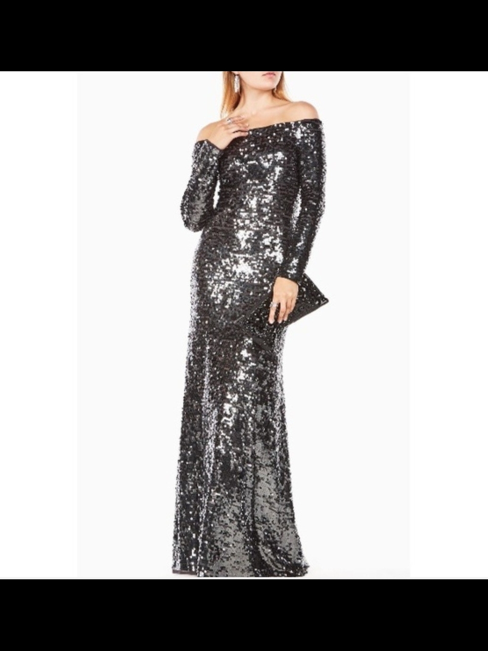 BCBGMaxAzria Silver Off-Shoulder Sequin Gown